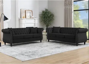 KEIKI Chesterfield Sofa, Retro Style Upholstered 3 3 Seats Velvet Couch with Rolled Arm for Living Room Bedroom Office, Black