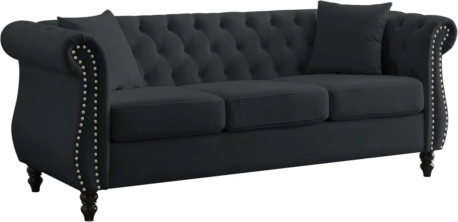 KEIKI Chesterfield Sofa, Retro Style Upholstered 3 3 Seats Velvet Couch with Rolled Arm for Living Room Bedroom Office, Black