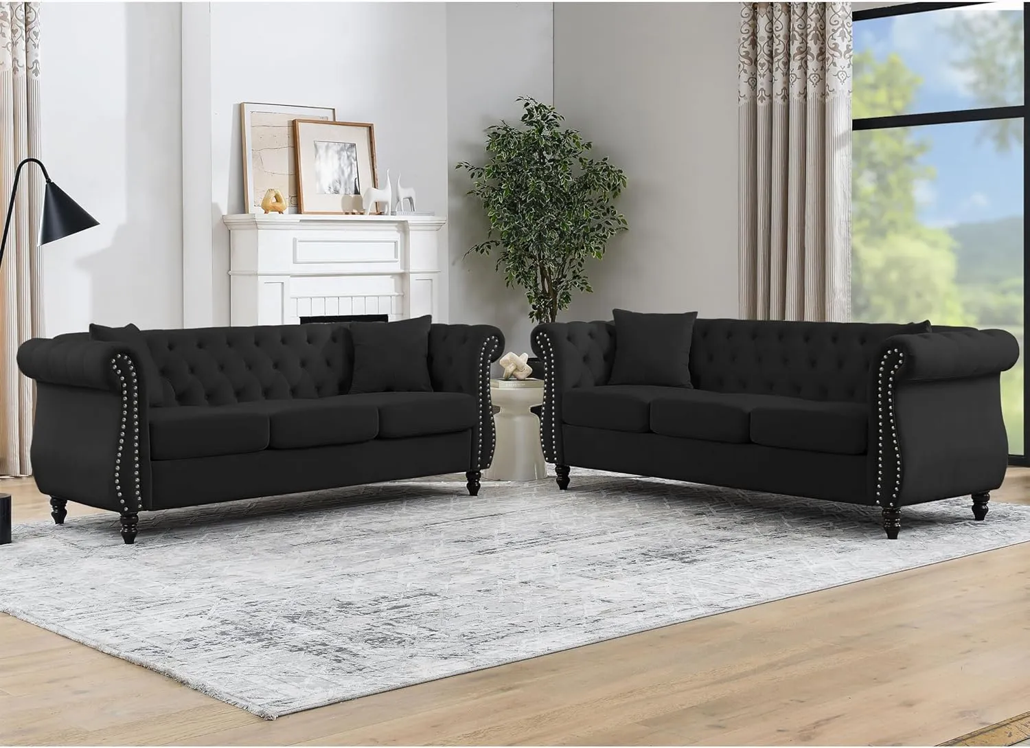KEIKI Chesterfield Sofa, Retro Style Upholstered 3 3 Seats Velvet Couch with Rolled Arm for Living Room Bedroom Office, Black