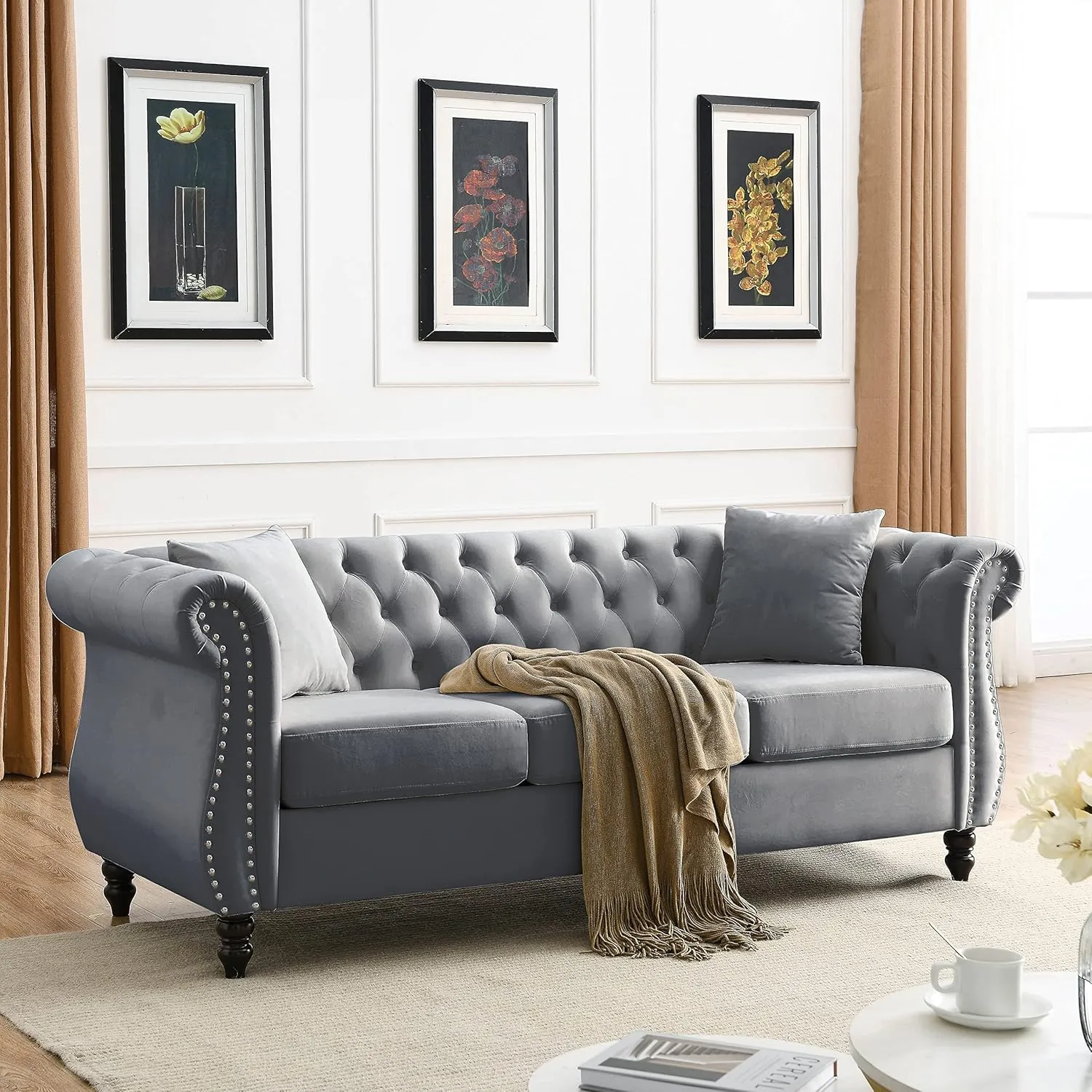 KEIKI Chesterfield Sofa, Retro Style Upholstered 3 3 Seats Velvet Couch with Rolled Arm for Living Room Bedroom Office, Grey