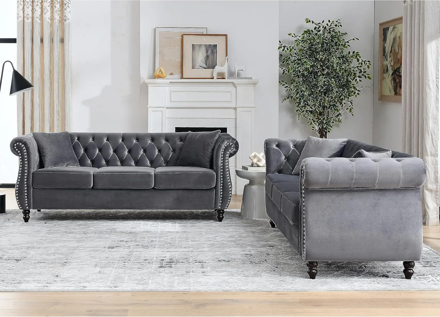 KEIKI Chesterfield Sofa, Retro Style Upholstered 3 3 Seats Velvet Couch with Rolled Arm for Living Room Bedroom Office, Grey