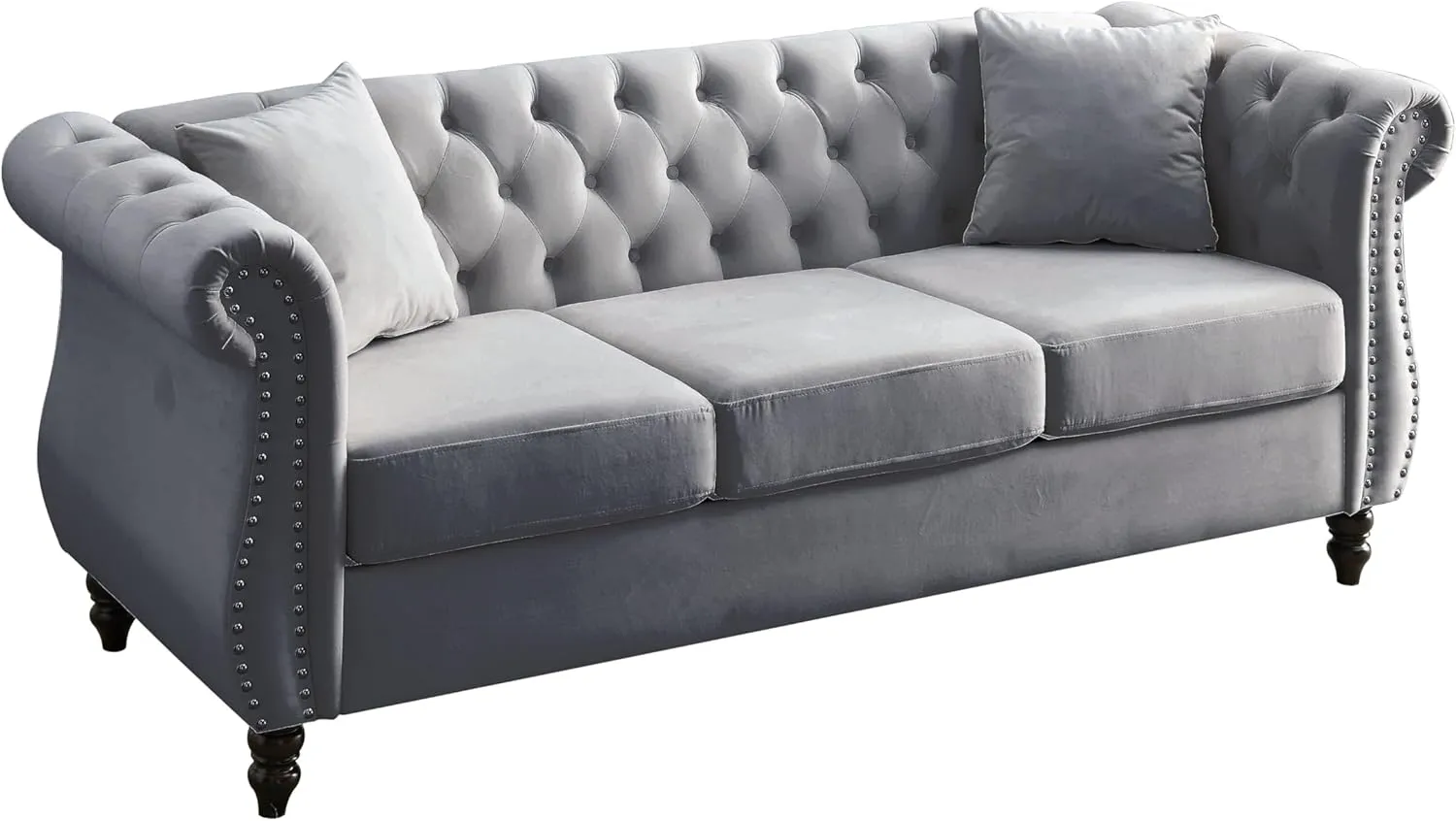 KEIKI Chesterfield Sofa, Retro Style Upholstered 3 3 Seats Velvet Couch with Rolled Arm for Living Room Bedroom Office, Grey