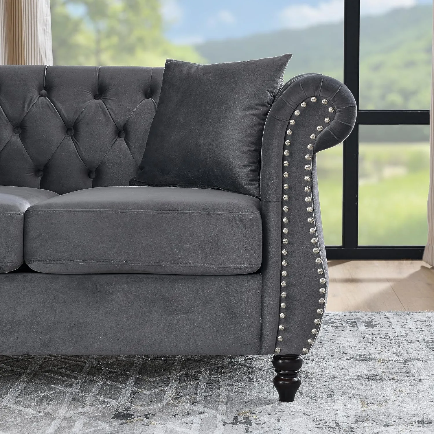KEIKI Chesterfield Sofa, Retro Style Upholstered 3 3 Seats Velvet Couch with Rolled Arm for Living Room Bedroom Office, Grey