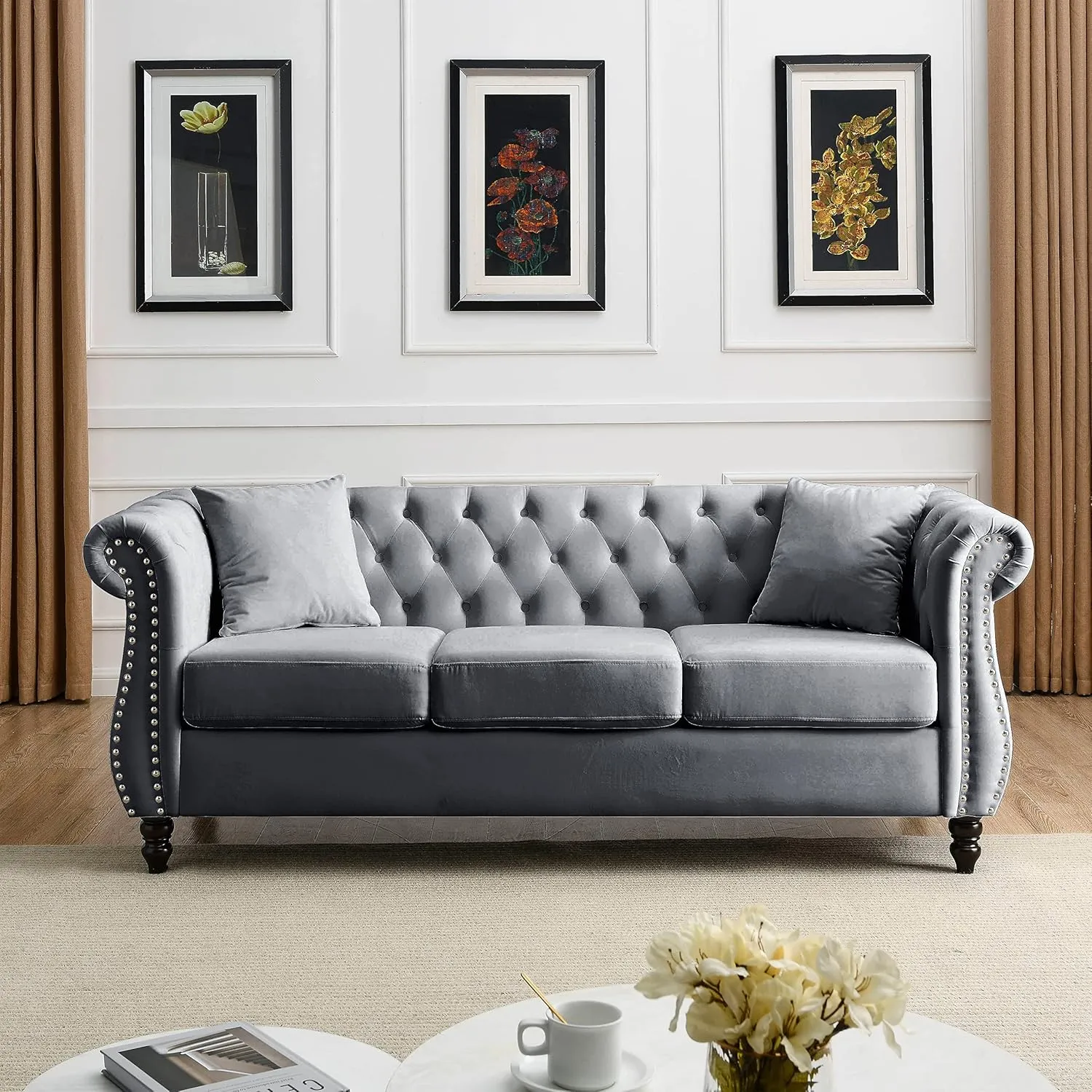 KEIKI Chesterfield Sofa, Retro Style Upholstered 3 3 Seats Velvet Couch with Rolled Arm for Living Room Bedroom Office, Grey