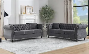 KEIKI Chesterfield Sofa, Retro Style Upholstered 3 3 Seats Velvet Couch with Rolled Arm for Living Room Bedroom Office, Grey