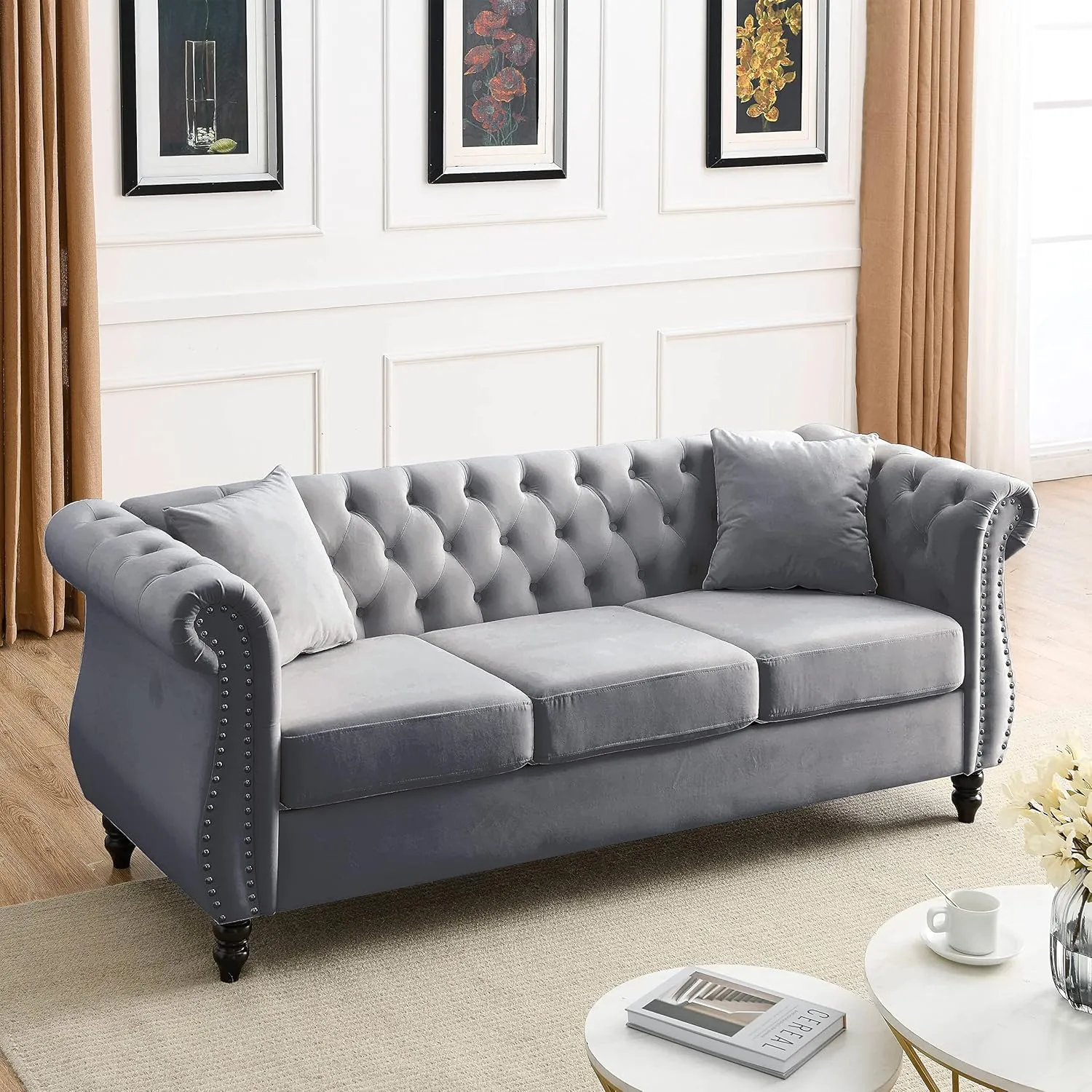 KEIKI Chesterfield Sofa, Retro Style Upholstered 3 3 Seats Velvet Couch with Rolled Arm for Living Room Bedroom Office, Grey