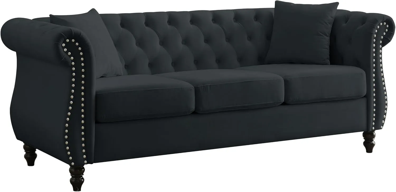KEIKI Chesterfield Sofa, Retro Style Upholstered 3 Seater Velvet Couch with Rolled Arm for Living Room Bedroom Office Apartment, Black