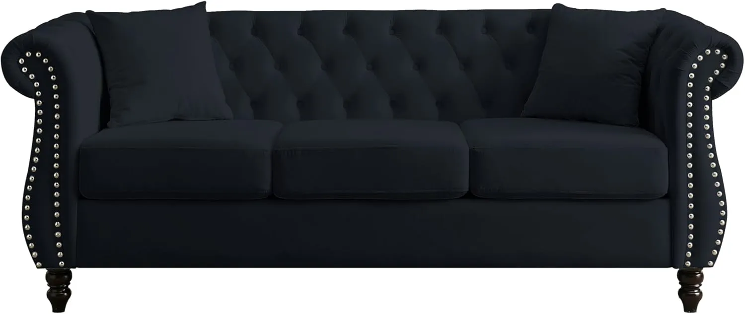 KEIKI Chesterfield Sofa, Retro Style Upholstered 3 Seater Velvet Couch with Rolled Arm for Living Room Bedroom Office Apartment, Black