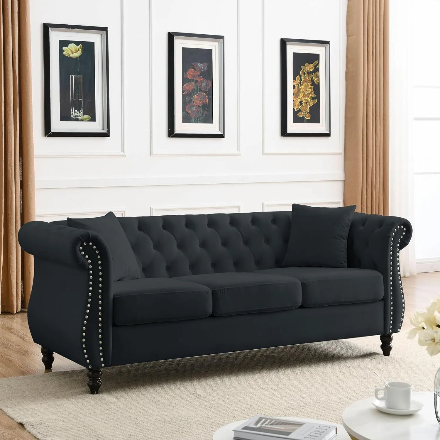 KEIKI Chesterfield Sofa, Retro Style Upholstered 3 Seater Velvet Couch with Rolled Arm for Living Room Bedroom Office Apartment, Black