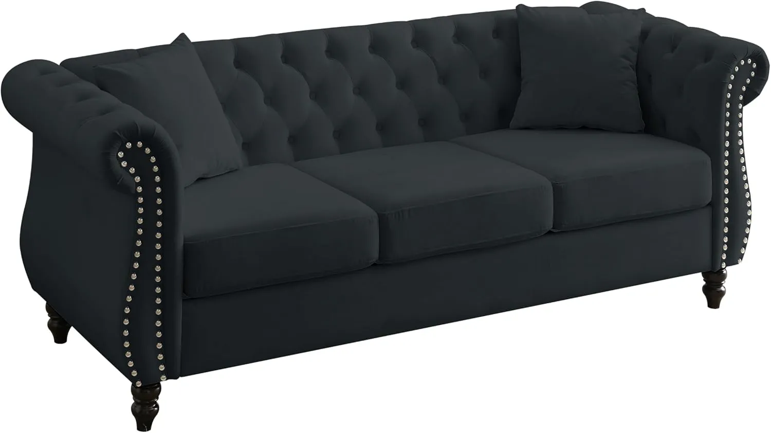KEIKI Chesterfield Sofa, Retro Style Upholstered 3 Seater Velvet Couch with Rolled Arm for Living Room Bedroom Office Apartment, Black