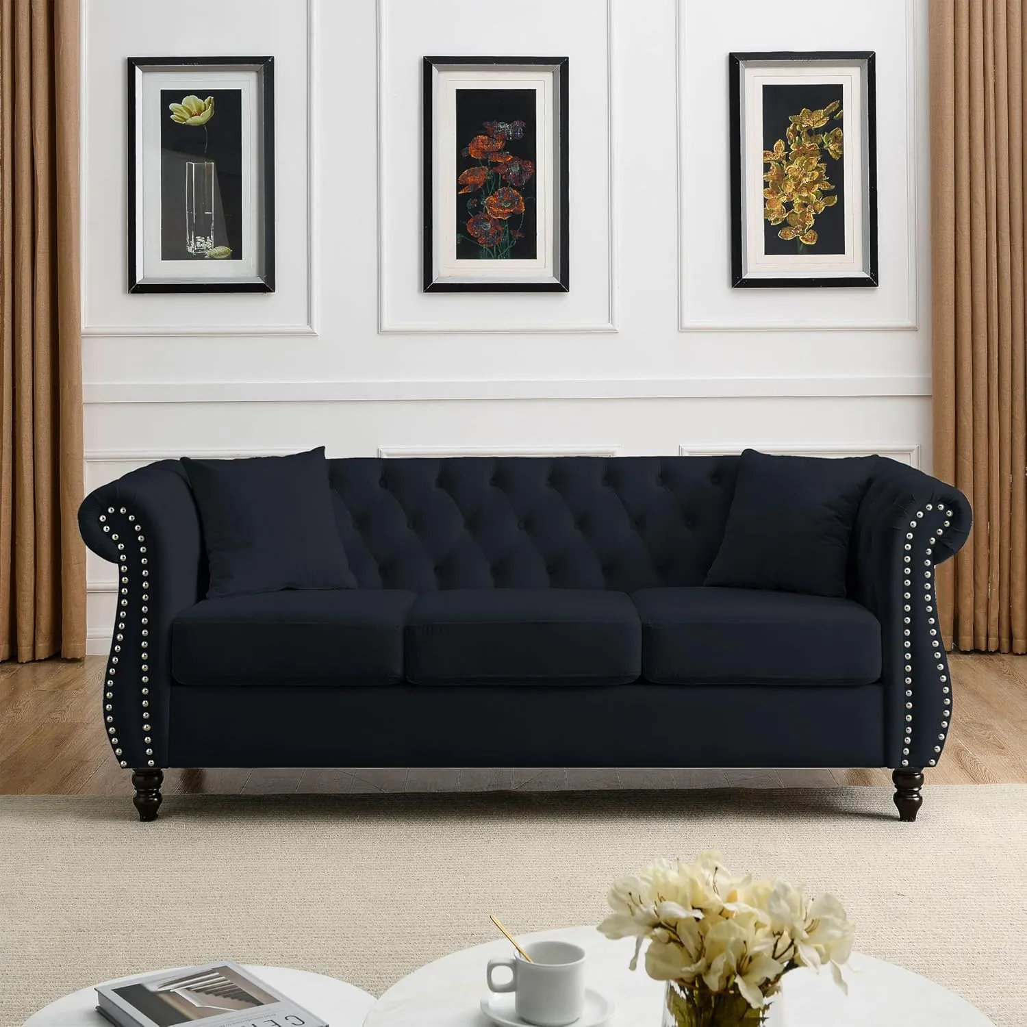 KEIKI Chesterfield Sofa, Retro Style Upholstered 3 Seater Velvet Couch with Rolled Arm for Living Room Bedroom Office Apartment, Black