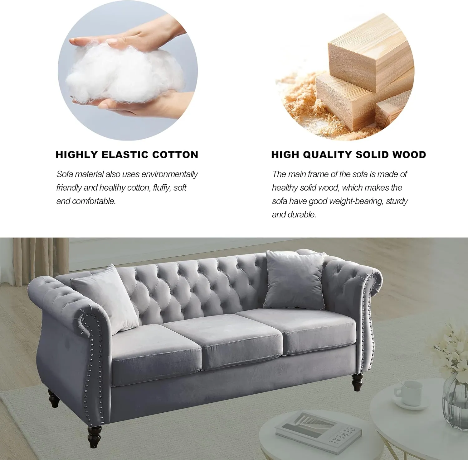 KEIKI Chesterfield Sofa, Retro Style Upholstered 3 Seater Velvet Couch with Rolled Arm for Living Room Bedroom Office Apartment, Grey