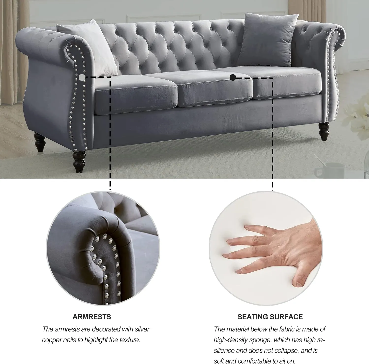 KEIKI Chesterfield Sofa, Retro Style Upholstered 3 Seater Velvet Couch with Rolled Arm for Living Room Bedroom Office Apartment, Grey
