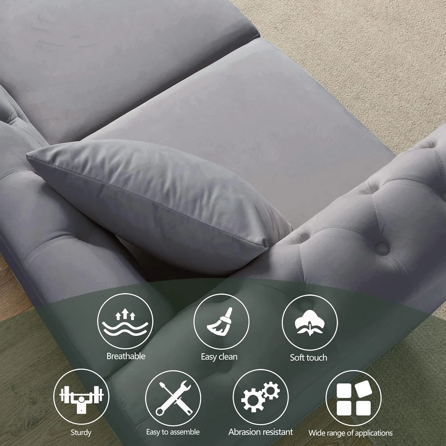 KEIKI Chesterfield Sofa, Retro Style Upholstered 3 Seater Velvet Couch with Rolled Arm for Living Room Bedroom Office Apartment, Grey