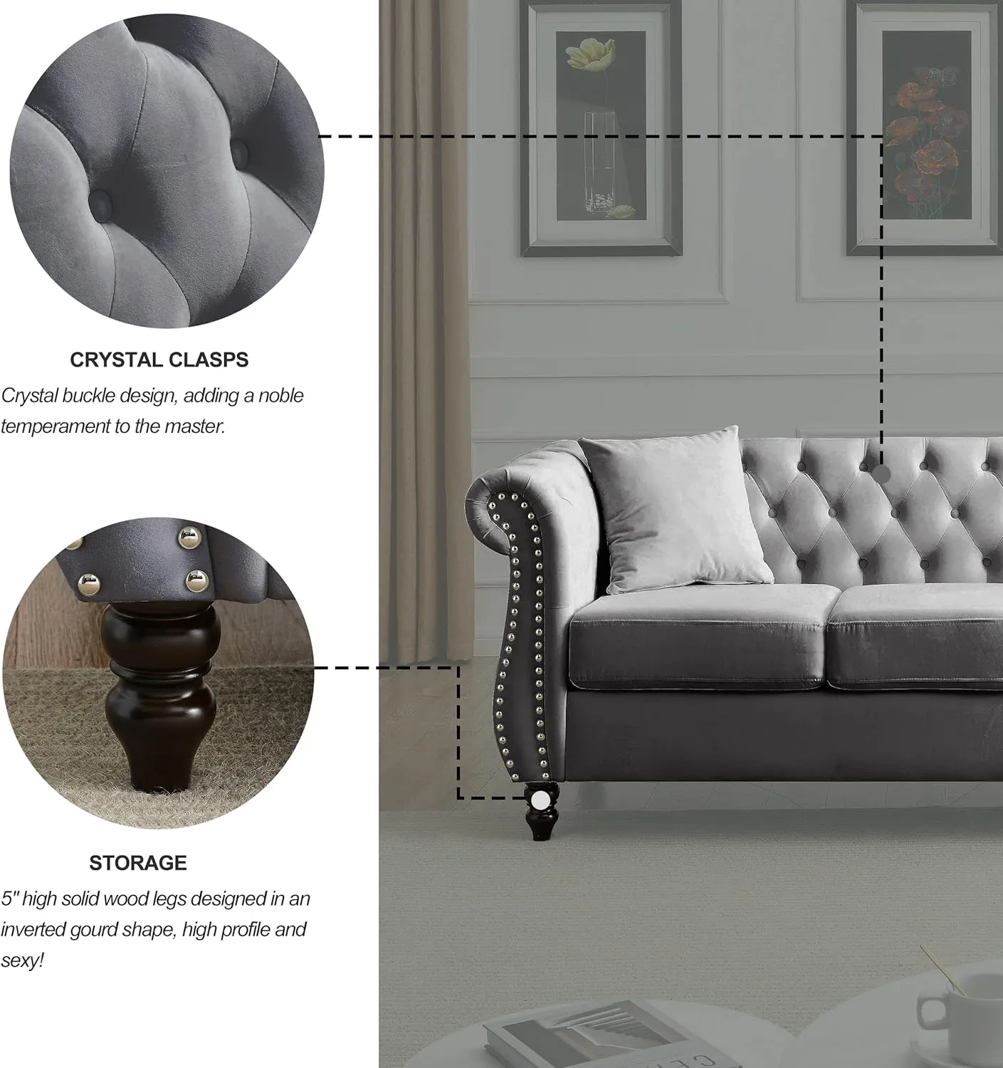 KEIKI Chesterfield Sofa, Retro Style Upholstered 3 Seater Velvet Couch with Rolled Arm for Living Room Bedroom Office Apartment, Grey