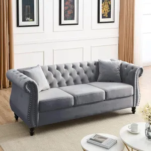 KEIKI Chesterfield Sofa, Retro Style Upholstered 3 Seater Velvet Couch with Rolled Arm for Living Room Bedroom Office Apartment, Grey