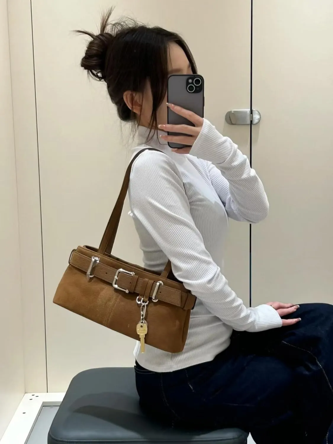 Key Chain Shoulder Bag Y2k Belted Handbag Faux Leather Grunge Purse for Women Top Handle Bag 2000s Streetwear