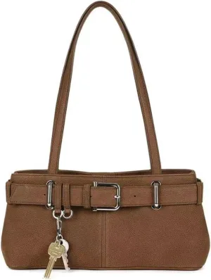 Key Chain Shoulder Bag Y2k Belted Handbag Faux Leather Grunge Purse for Women Top Handle Bag 2000s Streetwear