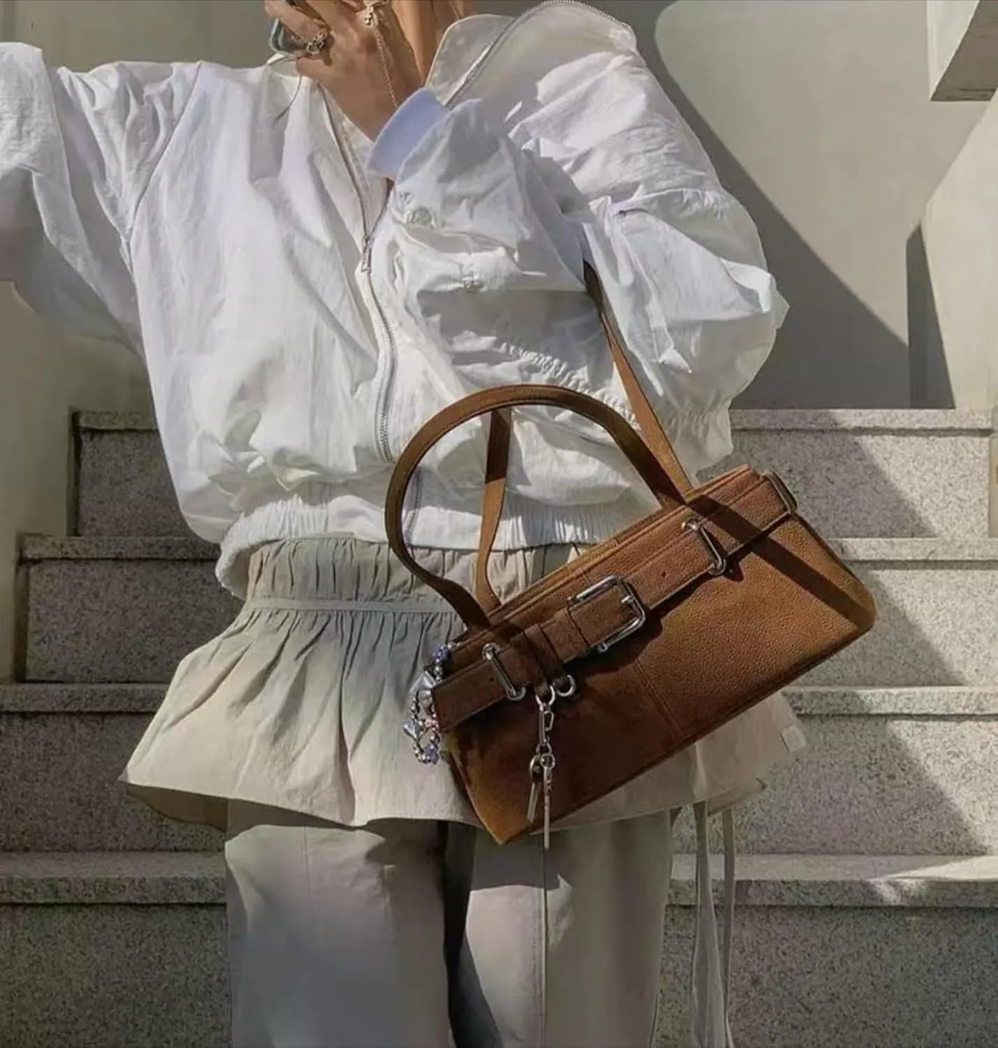 Key Chain Shoulder Bag Y2k Belted Handbag Faux Leather Grunge Purse for Women Top Handle Bag 2000s Streetwear