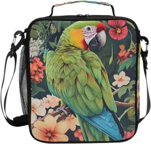 Kids Lunch Box Colorful Green Parrot Bird Flowers Cooler Insulated for Boys and Girls, Lunch Bag with Shoulder Strap for School, Picnic Meal
