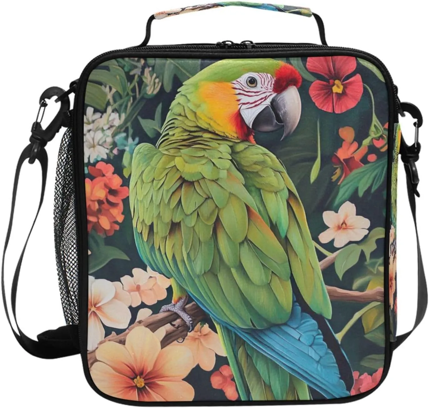 Kids Lunch Box Colorful Green Parrot Bird Flowers Cooler Insulated for Boys and Girls, Lunch Bag with Shoulder Strap for School, Picnic Meal