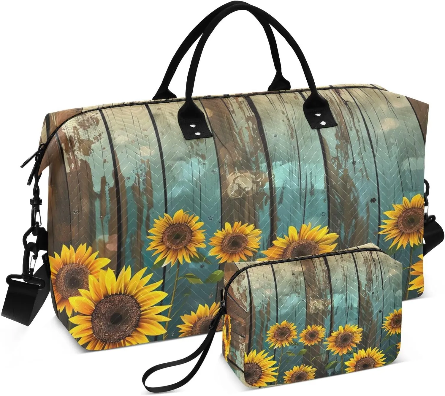 Kigai Sunflower Wood Background Travel Duffel Bags 2PCS,Sports Duffel Bags for Men Women,Weekender Overnight Bag Gym Tote Bag with Toiletry Bag