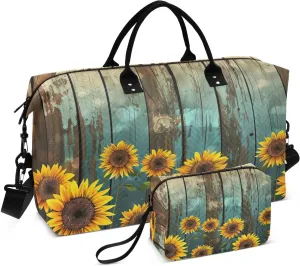 Kigai Sunflower Wood Background Travel Duffel Bags 2PCS,Sports Duffel Bags for Men Women,Weekender Overnight Bag Gym Tote Bag with Toiletry Bag