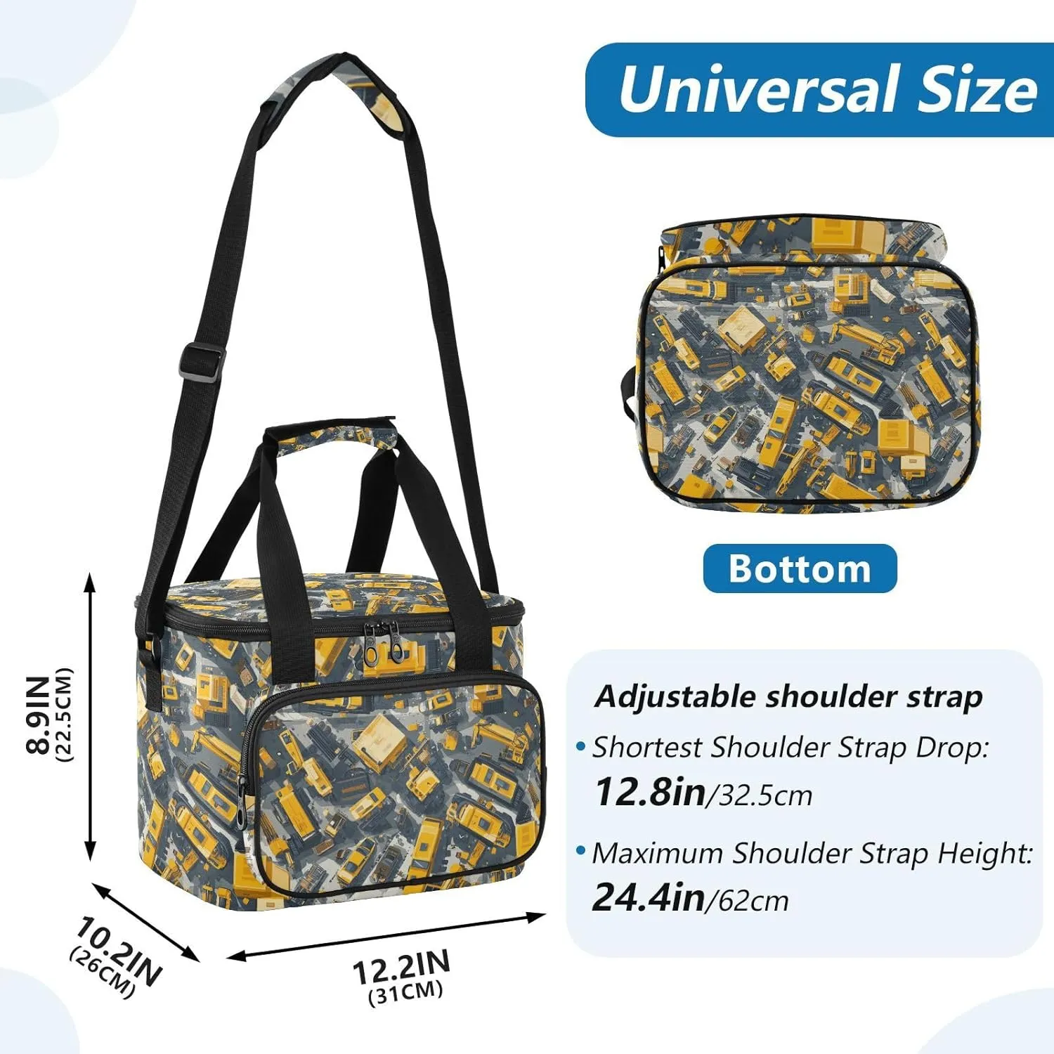 KLL Construction Scene Build Tall Buildings Loader Road Roller Large Capacity Adult Lunch Box Crossbody Food Bag for Girl