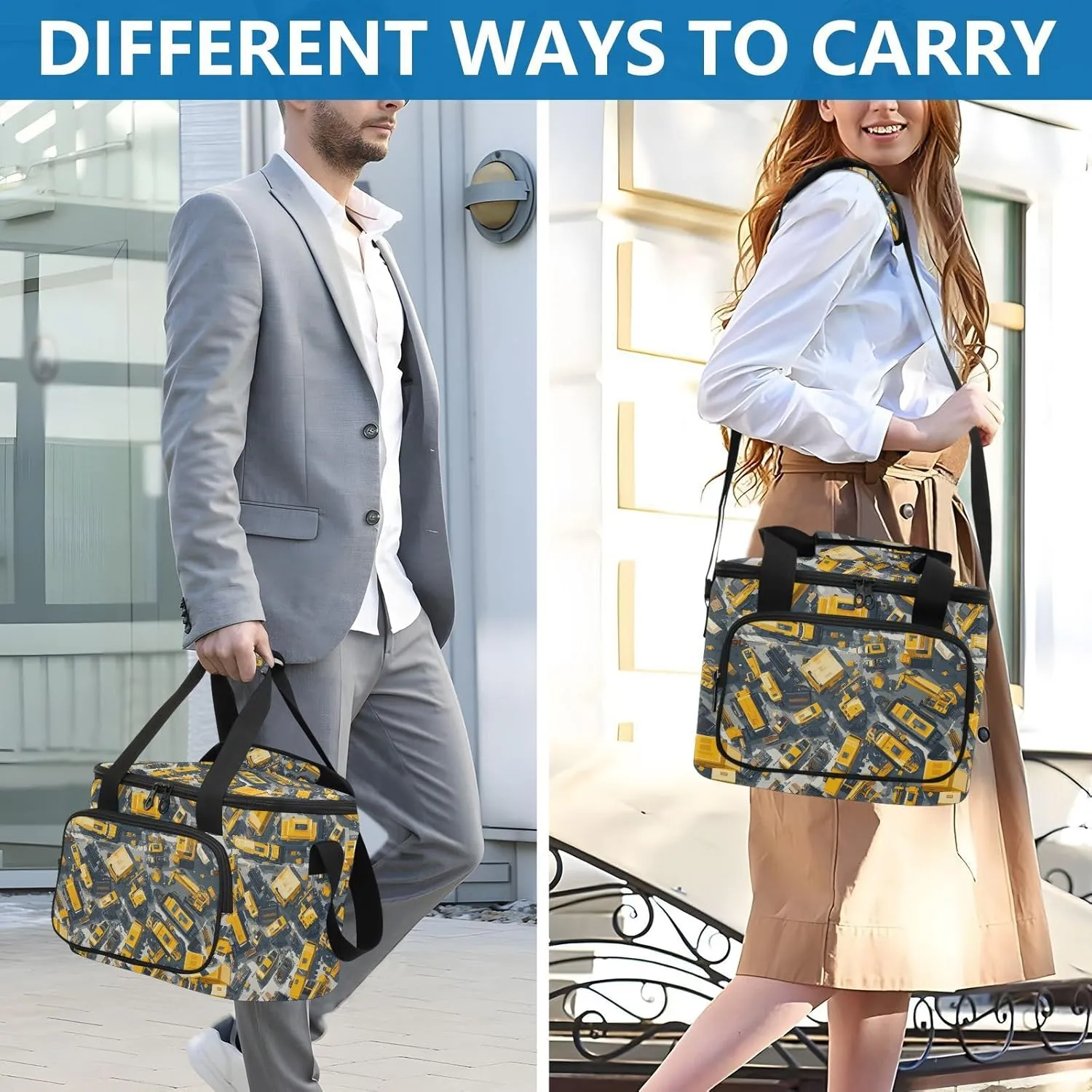 KLL Construction Scene Build Tall Buildings Loader Road Roller Large Capacity Adult Lunch Box Crossbody Food Bag for Girl
