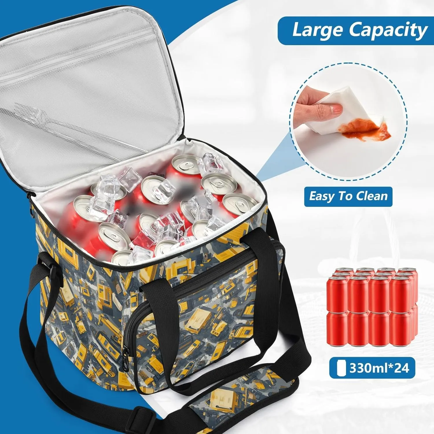 KLL Construction Scene Build Tall Buildings Loader Road Roller Large Capacity Adult Lunch Box Crossbody Food Bag for Girl