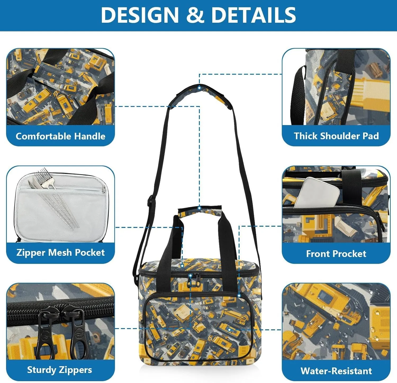 KLL Construction Scene Build Tall Buildings Loader Road Roller Large Capacity Adult Lunch Box Crossbody Food Bag for Girl