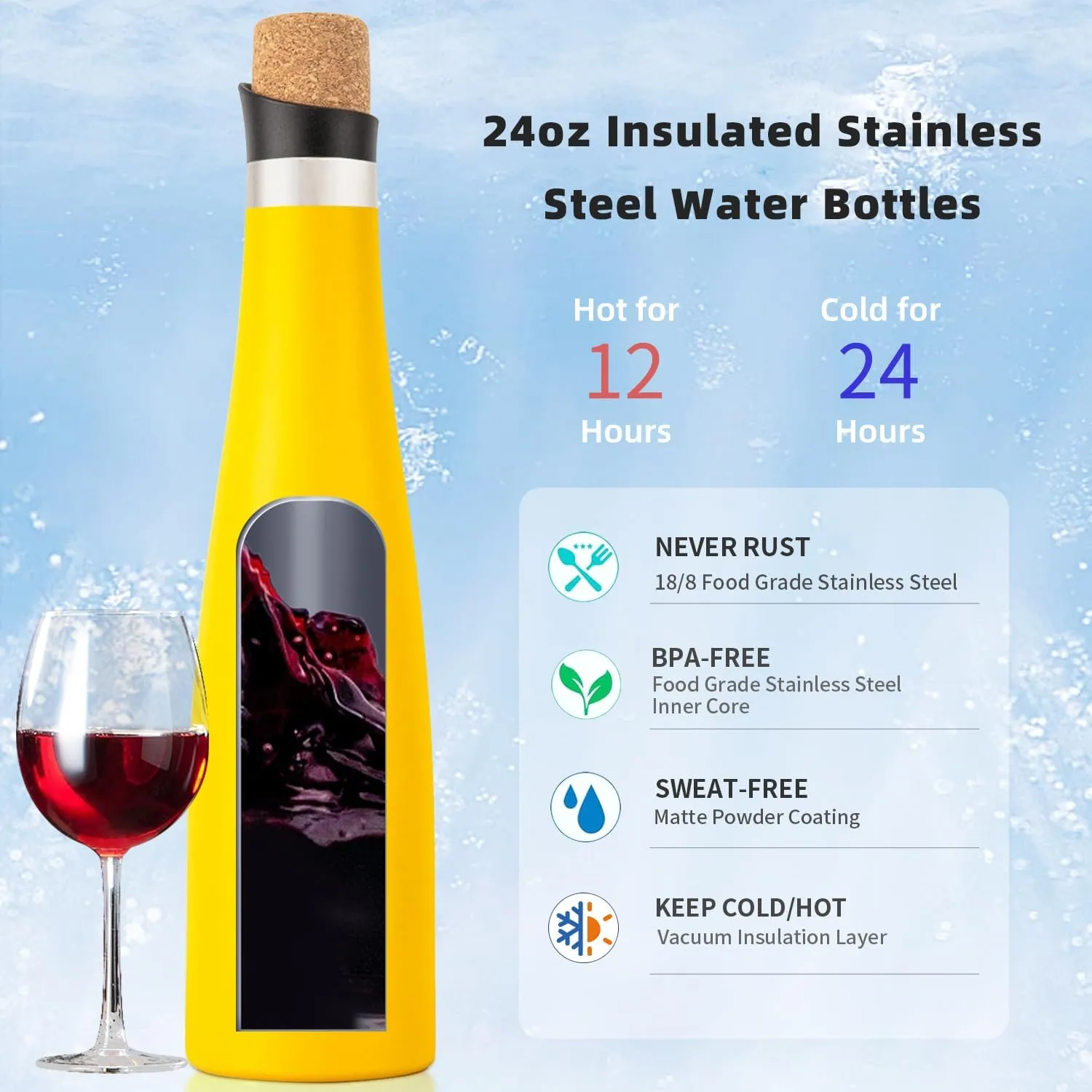 KOODEE Wine Bottle - 700ml Insulated Stainless Steel Wine Bottle with Double Wall Vacuum Sealed Lids,for Wine Lovers Keeps Wine Cold for 24 Hours and Hot for 12 Hours (Yellow,700ml)