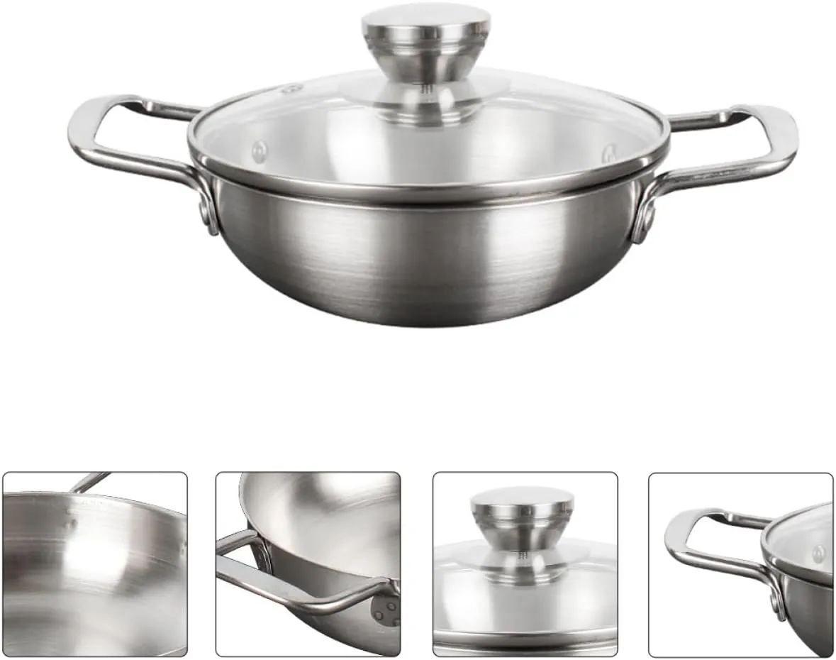 Korean Stainless Steel Cooking Pot with Lid Noodle Pot for Ramen Double Handle Design for Camping Parties and Outdoor Activities