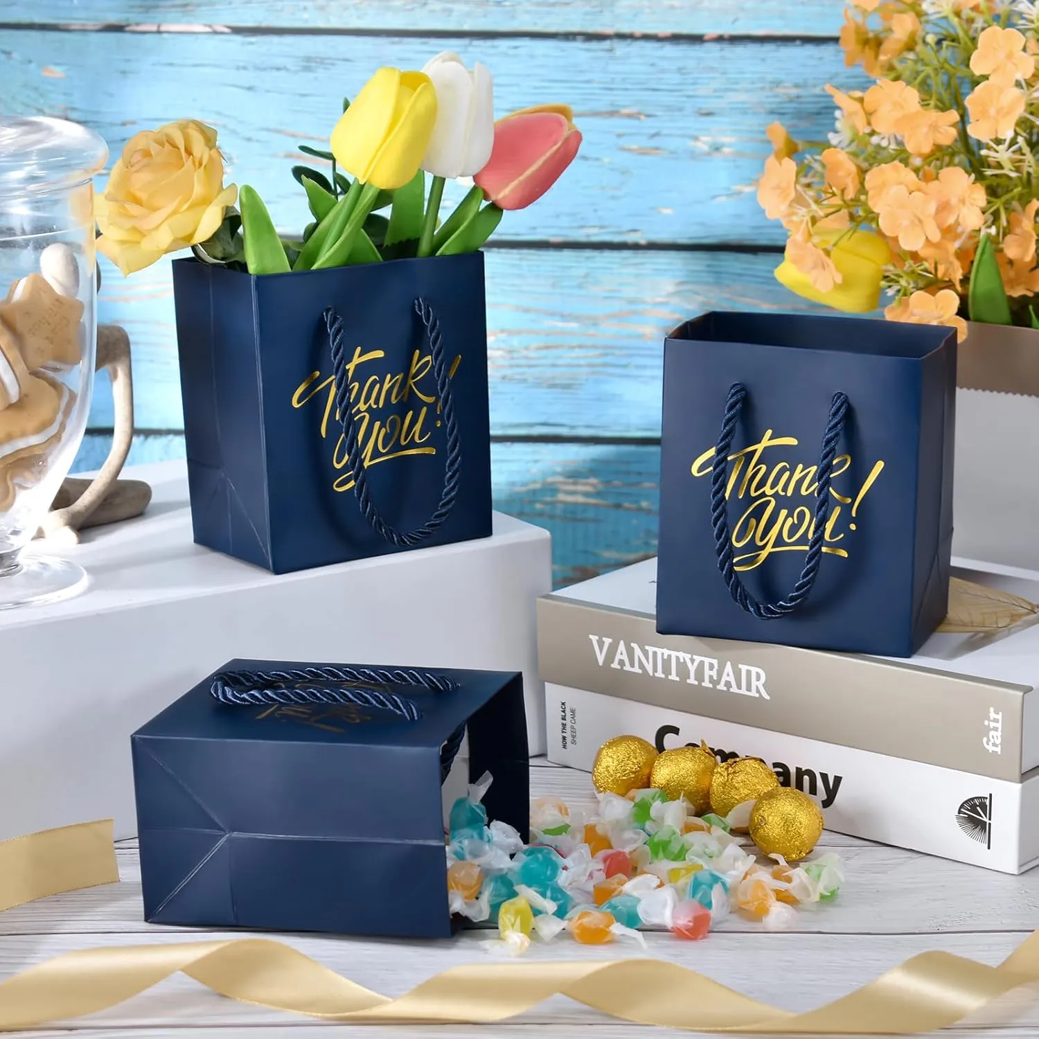 KPOSIYA Mini Gift Bags with Handles, 35pcs Small Gift Bags, 4 x 2.75 x 4.5 Blue Gold Party Favors