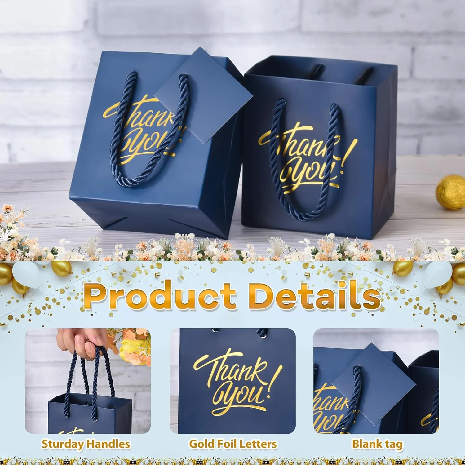KPOSIYA Mini Gift Bags with Handles, 35pcs Small Gift Bags, 4 x 2.75 x 4.5 Blue Gold Party Favors