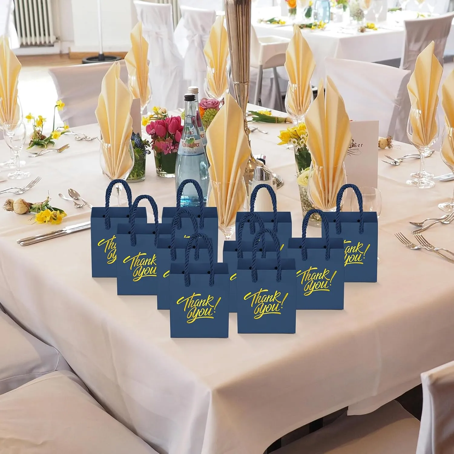 KPOSIYA Mini Gift Bags with Handles, 35pcs Small Gift Bags, 4 x 2.75 x 4.5 Blue Gold Party Favors