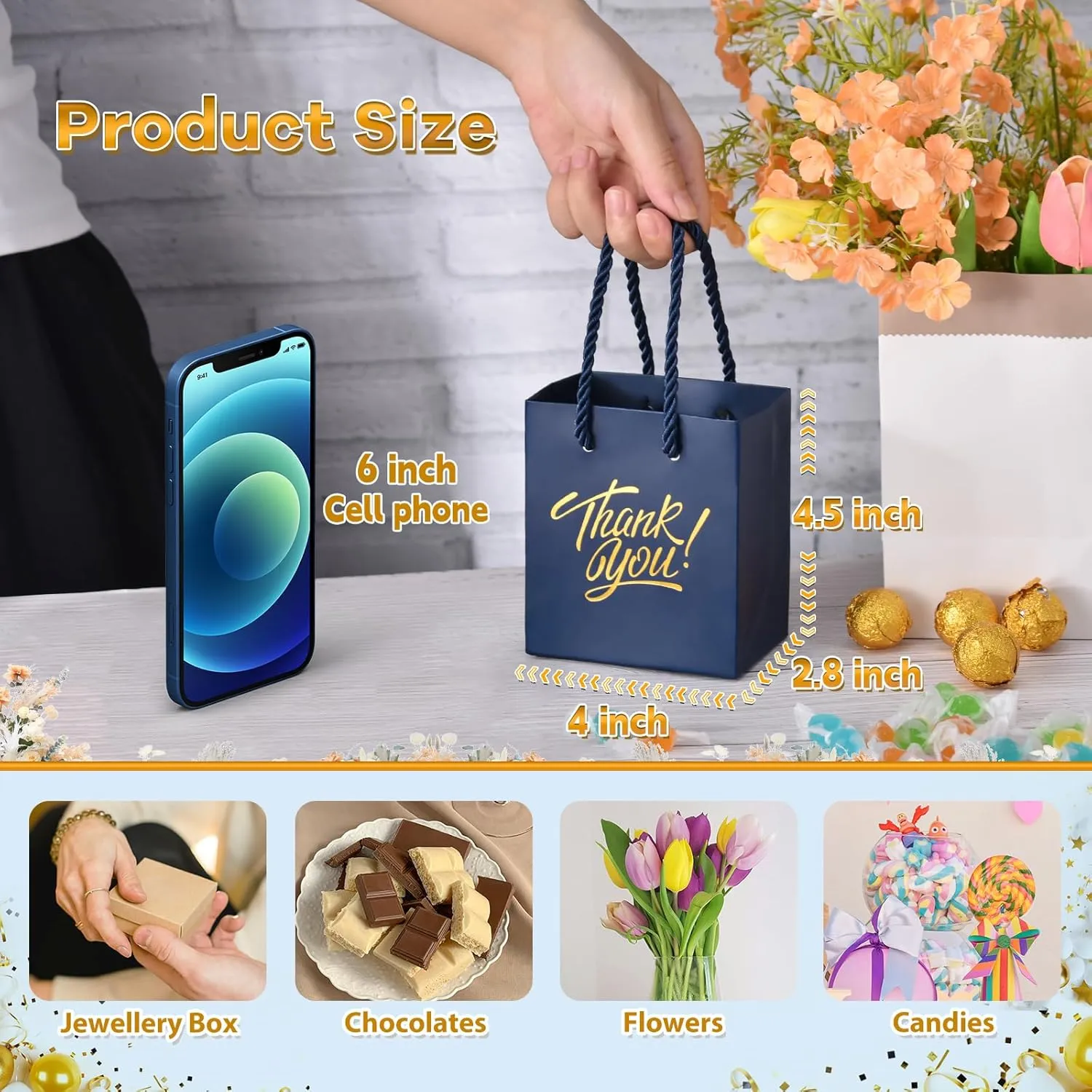 KPOSIYA Mini Gift Bags with Handles, 35pcs Small Gift Bags, 4 x 2.75 x 4.5 Blue Gold Party Favors