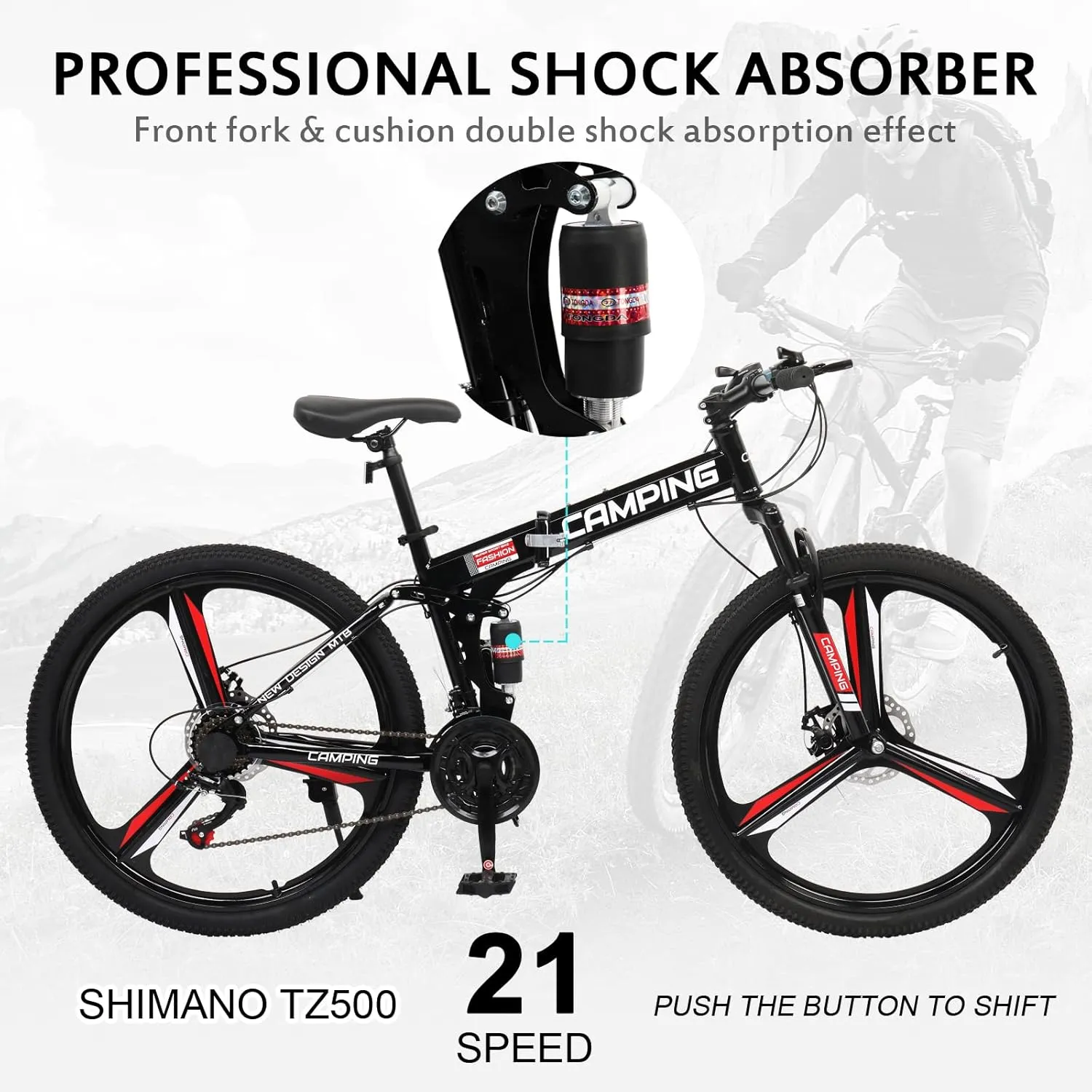 Ktaxon Foldable Mountain Bike 26 Inch Bike 21-Speed Bikes for Adults with Cool Design, Powerful Mechanical Dual Disc Brakes, Double Shock Effect and Ergonomic Cushion