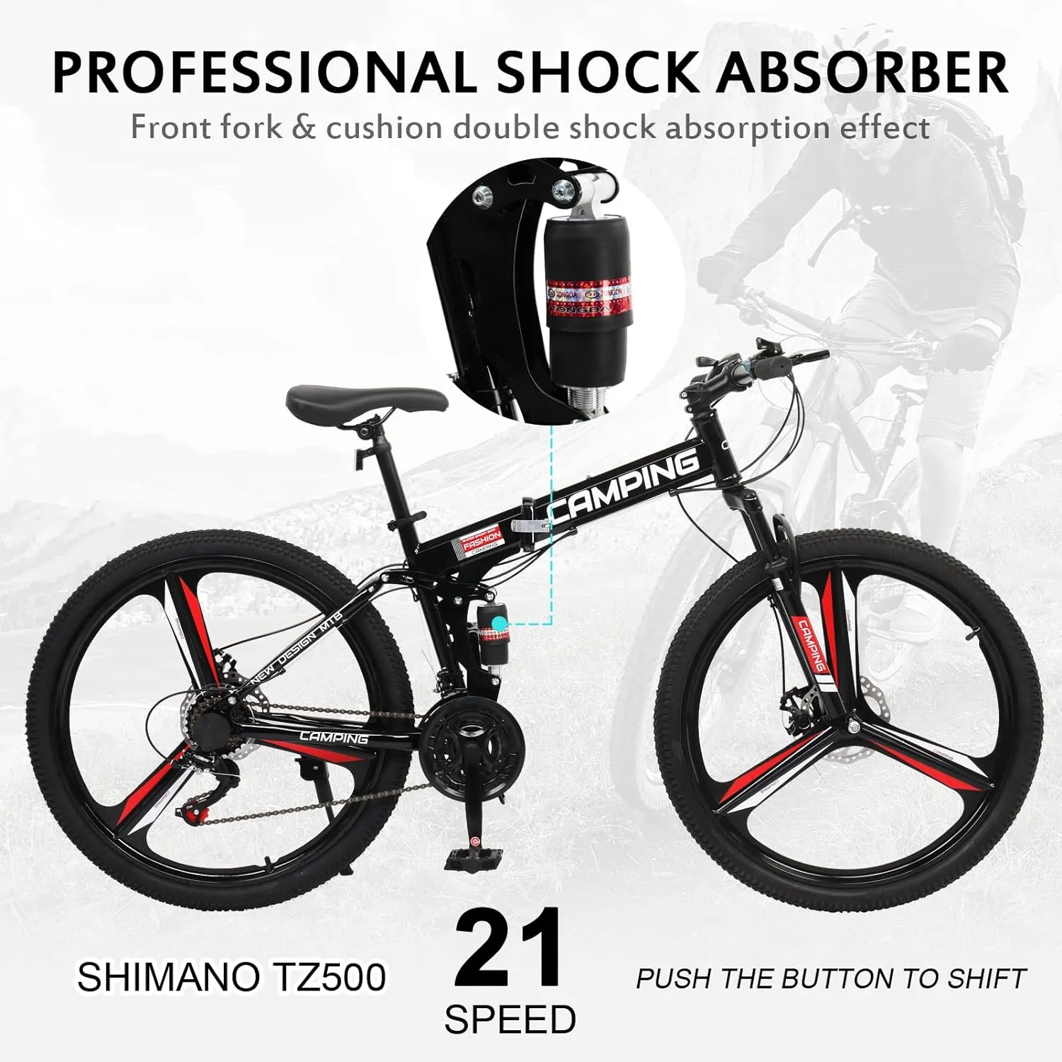 Ktaxon Foldable Mountain Bike 26 Inch Bike 21-Speed Bikes for Adults with Cool Design, Powerful Mechanical Dual Disc Brakes, Double Shock Effect and Ergonomic Cushion