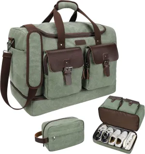 Large Capacity Waterproof Canvas & Genuine Leather Travel Duffle Bag with Shoe Compartment - Vintage Weekender Overnight Travel Carry-On Bag