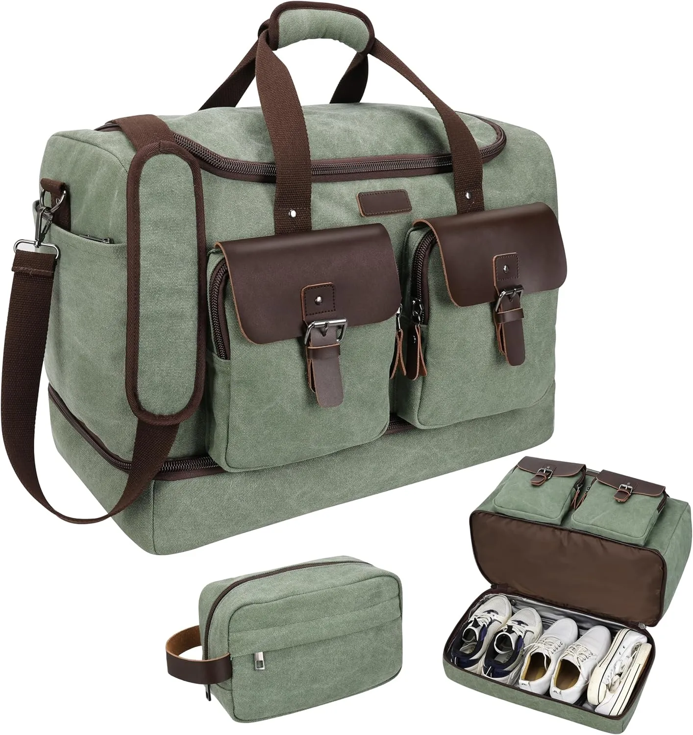 Large Capacity Waterproof Canvas & Genuine Leather Travel Duffle Bag with Shoe Compartment - Vintage Weekender Overnight Travel Carry-On Bag