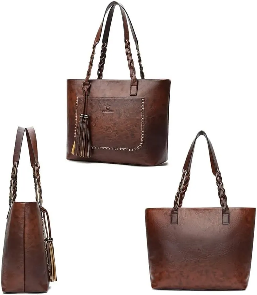 Large Capacity Work Top Handle Handbag with Tassle Tote for Women Leather Hobo Shoulder