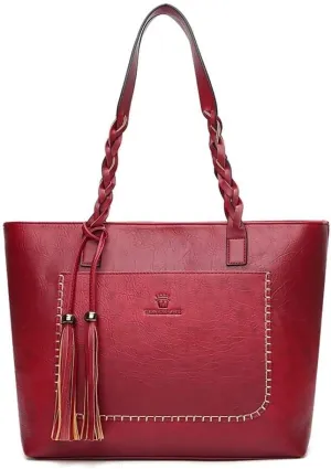 Large Capacity Work Top Handle Handbag with Tassle Tote for Women Leather Hobo Shoulder