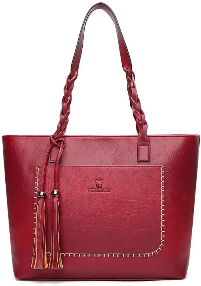Large Capacity Work Top Handle Handbag with Tassle Tote for Women Leather Hobo Shoulder