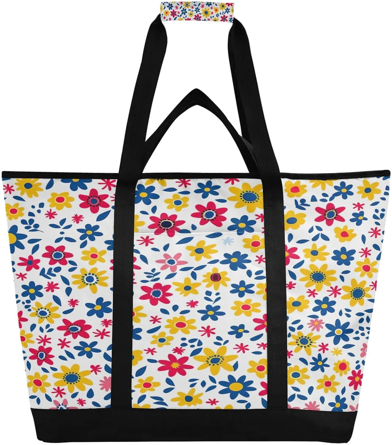 Large Insulated Cooler Bag,Fresh Style Floral Fragments Foldable Kitchen Reusable Grocery Bags,Leak Proof Portable Lunch Bags Tote Bag for Shopping Food Travel Beach Camping