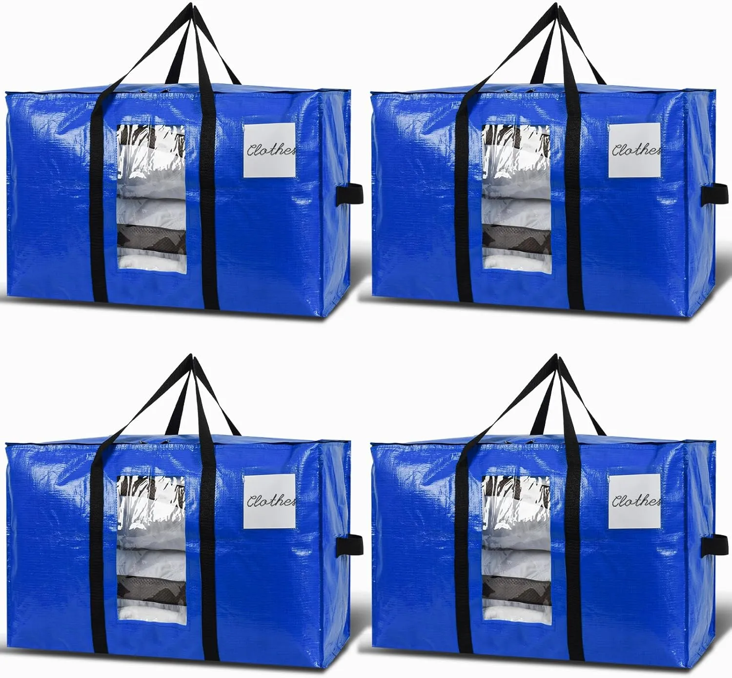 Large Moving Bags, 4 Pack Heavy Duty Storage Bags with Wrap Handles & Zippers, Space Saving Storage Totes with Clear Window & Tag Pocket, Alternative to Moving Boxes (Blue)