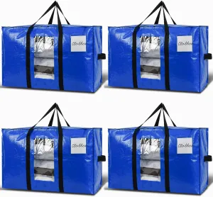 Large Moving Bags, 4 Pack Heavy Duty Storage Bags with Wrap Handles & Zippers, Space Saving Storage Totes with Clear Window & Tag Pocket, Alternative to Moving Boxes (Blue)