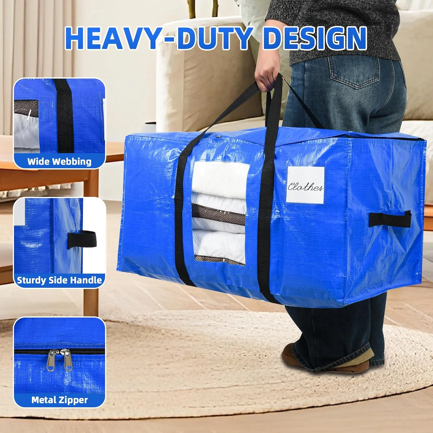 Large Moving Bags, 4 Pack Heavy Duty Storage Bags with Wrap Handles & Zippers, Space Saving Storage Totes with Clear Window & Tag Pocket, Alternative to Moving Boxes (Blue)