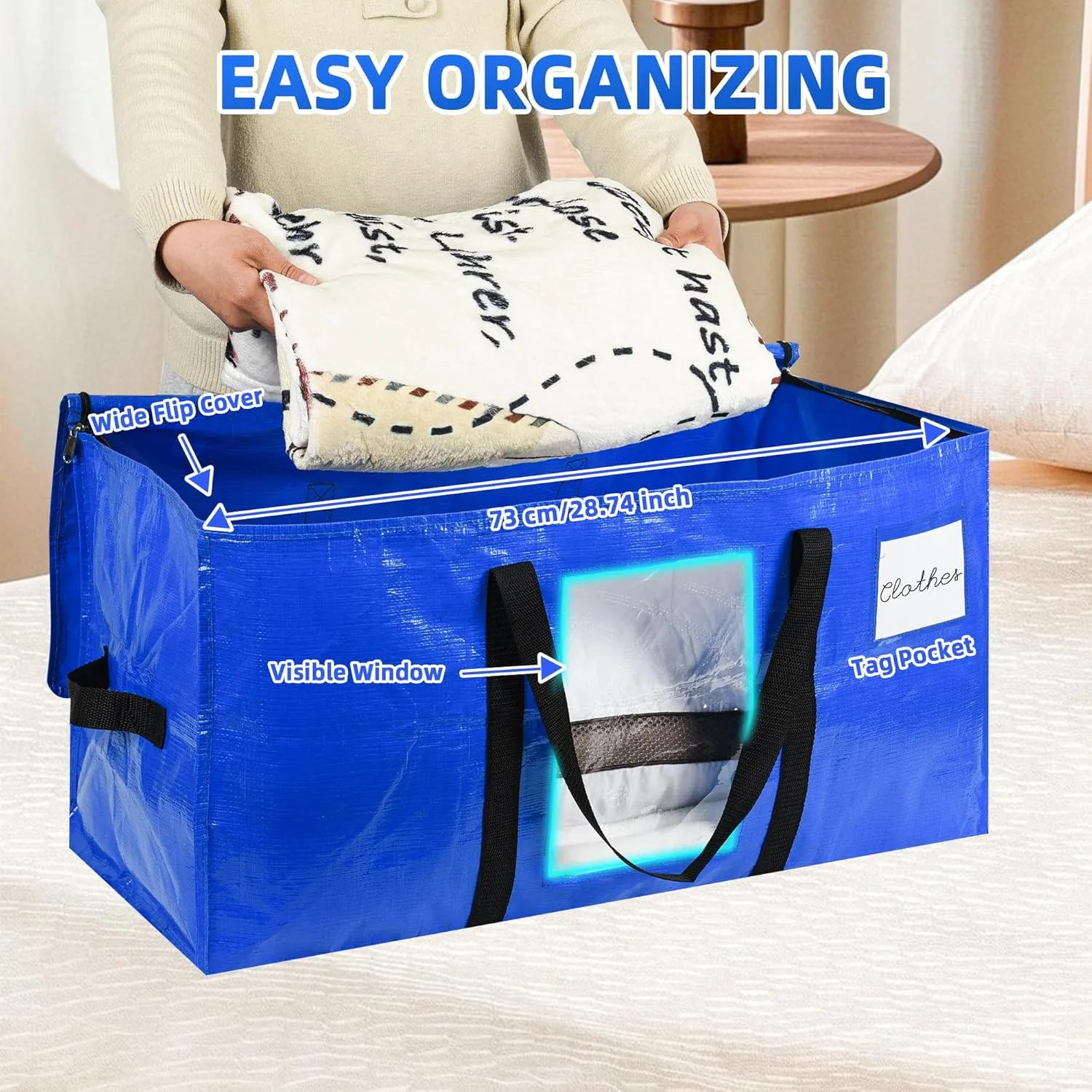 Large Moving Bags, 4 Pack Heavy Duty Storage Bags with Wrap Handles & Zippers, Space Saving Storage Totes with Clear Window & Tag Pocket, Alternative to Moving Boxes (Blue)