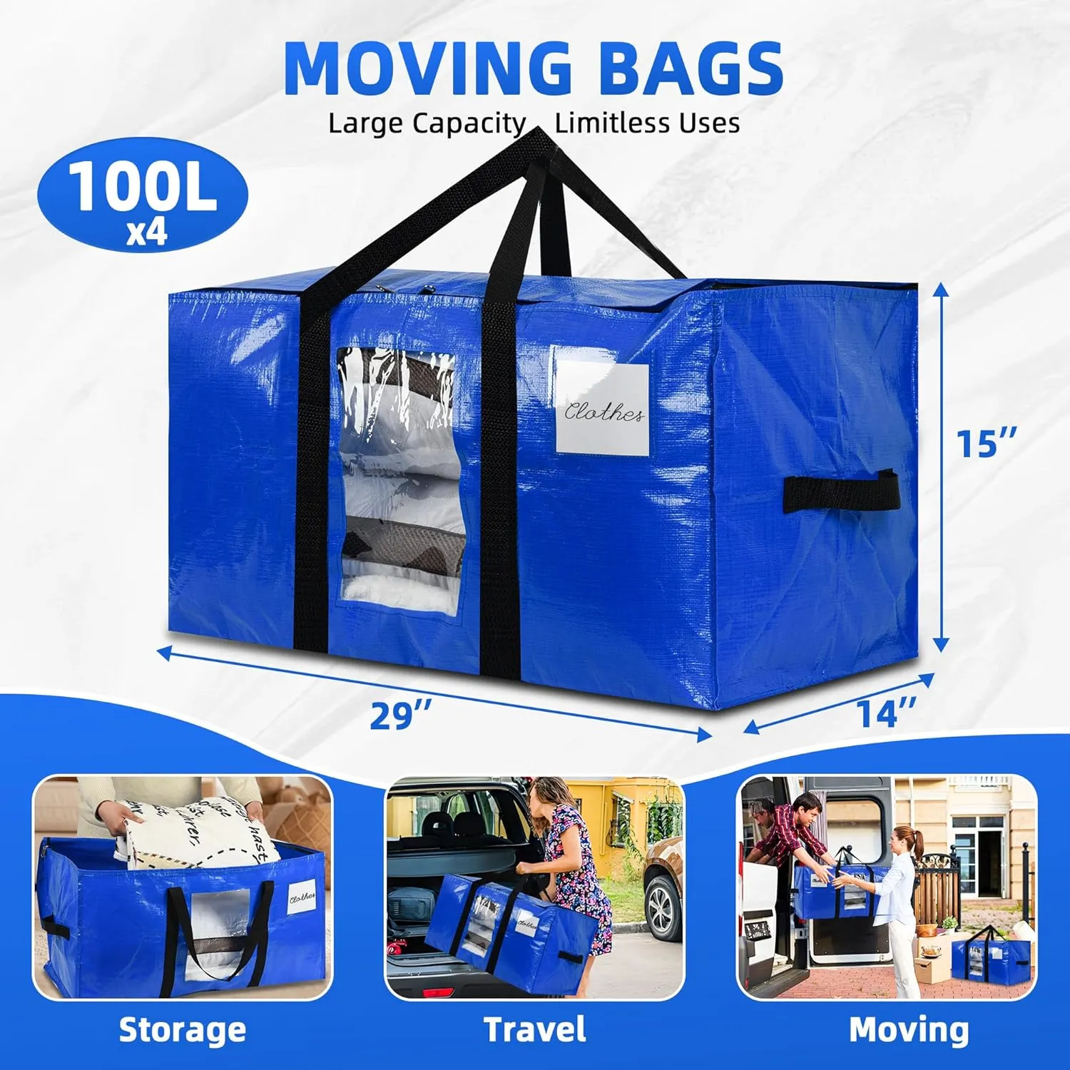 Large Moving Bags, 4 Pack Heavy Duty Storage Bags with Wrap Handles & Zippers, Space Saving Storage Totes with Clear Window & Tag Pocket, Alternative to Moving Boxes (Blue)